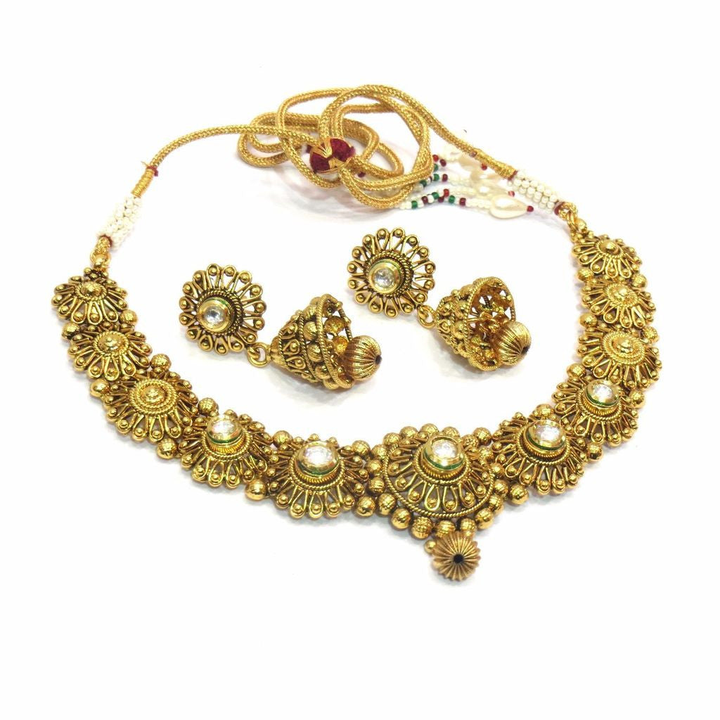 Jewelshingar Antique Polki Kundan Gold Plated Necklace Set For Women ( 11411-as ) - JEWELSHINGAR