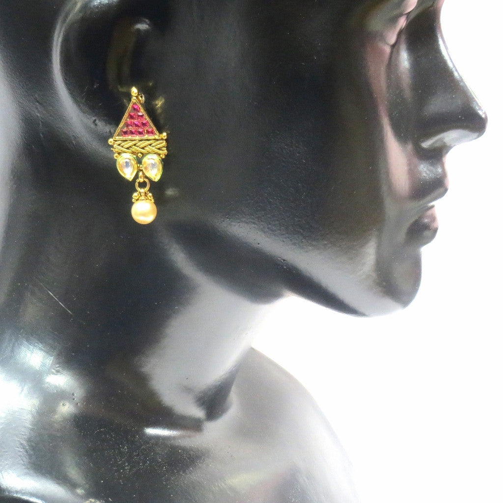 Jewelshingar Jewellery Antique Gold Plated Polki Kundan Earrings Danglers For Women ( 17038-pe-ruby ) - JEWELSHINGAR