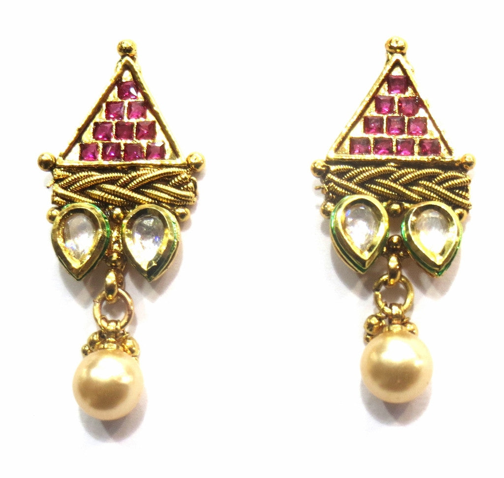 Jewelshingar Jewellery Antique Gold Plated Polki Kundan Earrings Danglers For Women ( 17038-pe-ruby ) - JEWELSHINGAR