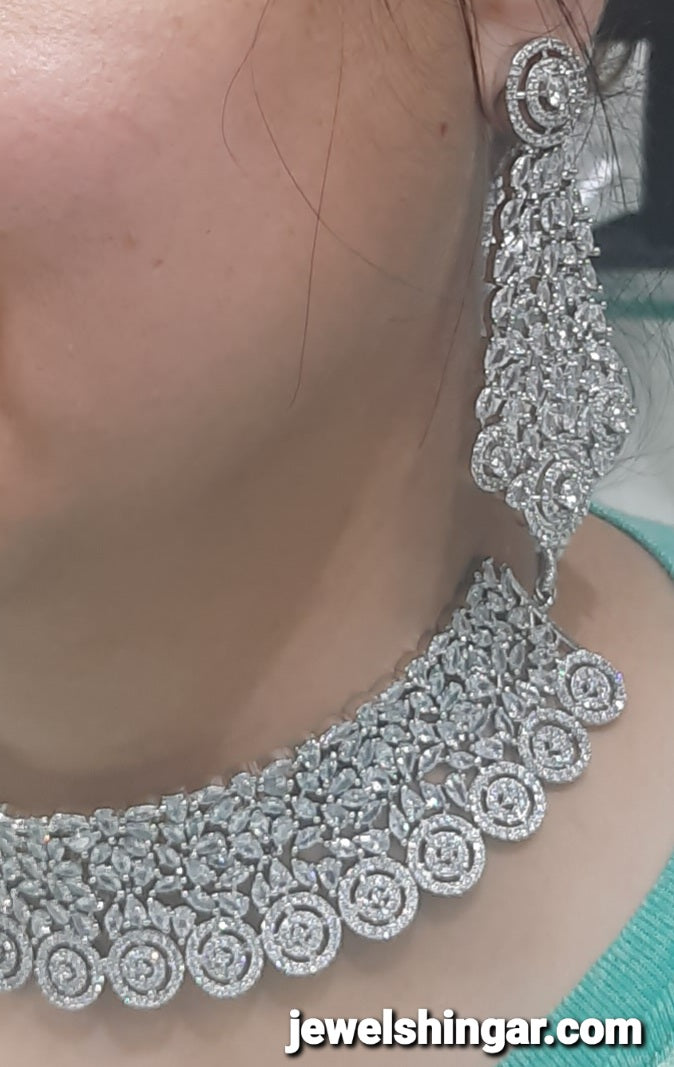 JEWELSHINGAR FINE RUBY ZIRCON SILVER PLATED DIAMOND LOOKING NECKLACE SET IN CHOKER STYLE WITH EARRINGS SND MAANGTIKKA FOR GIRLS (233436JS)
