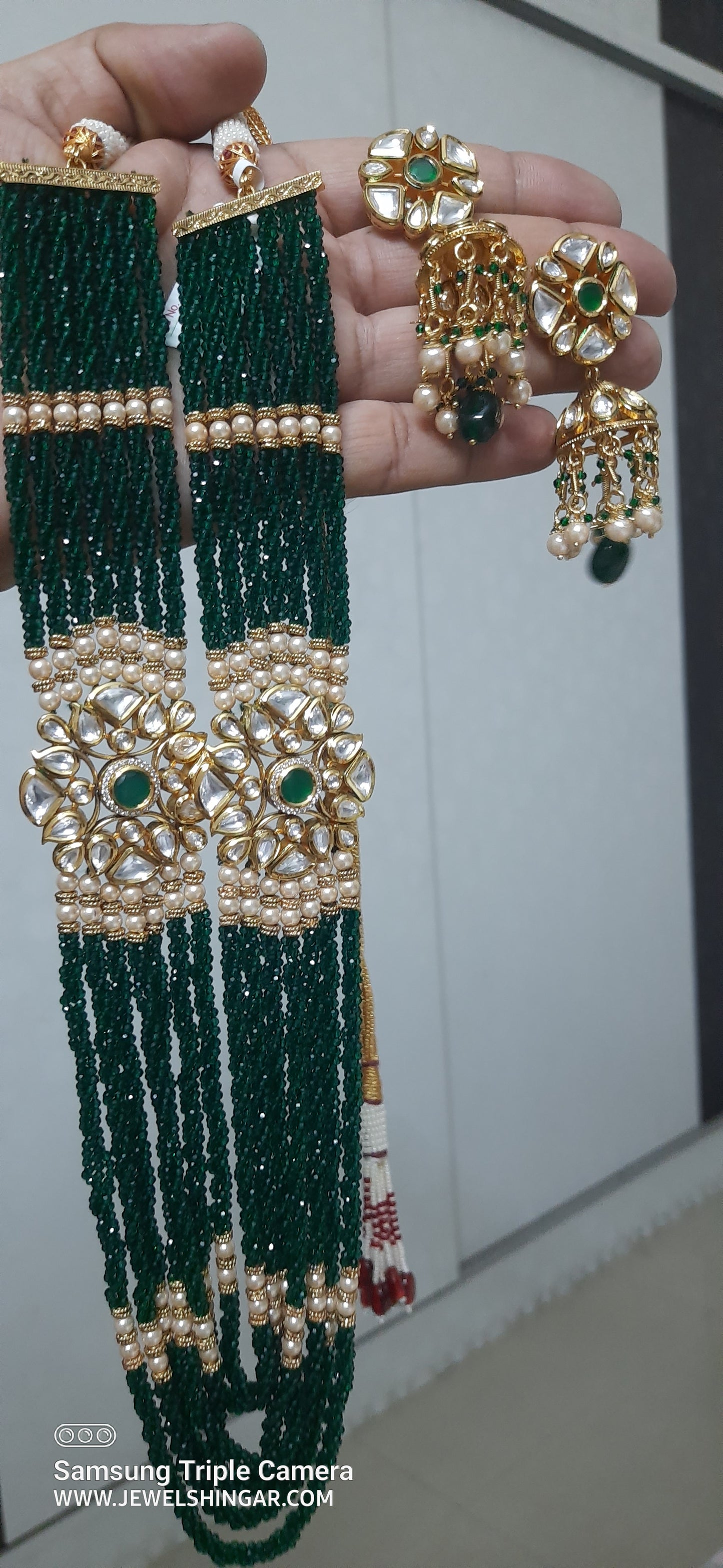 Jewelshingar Fine polki Kundan green panna Emarald onyx Necklace Set In Fine Quality Jewellery ( 194645ACS)