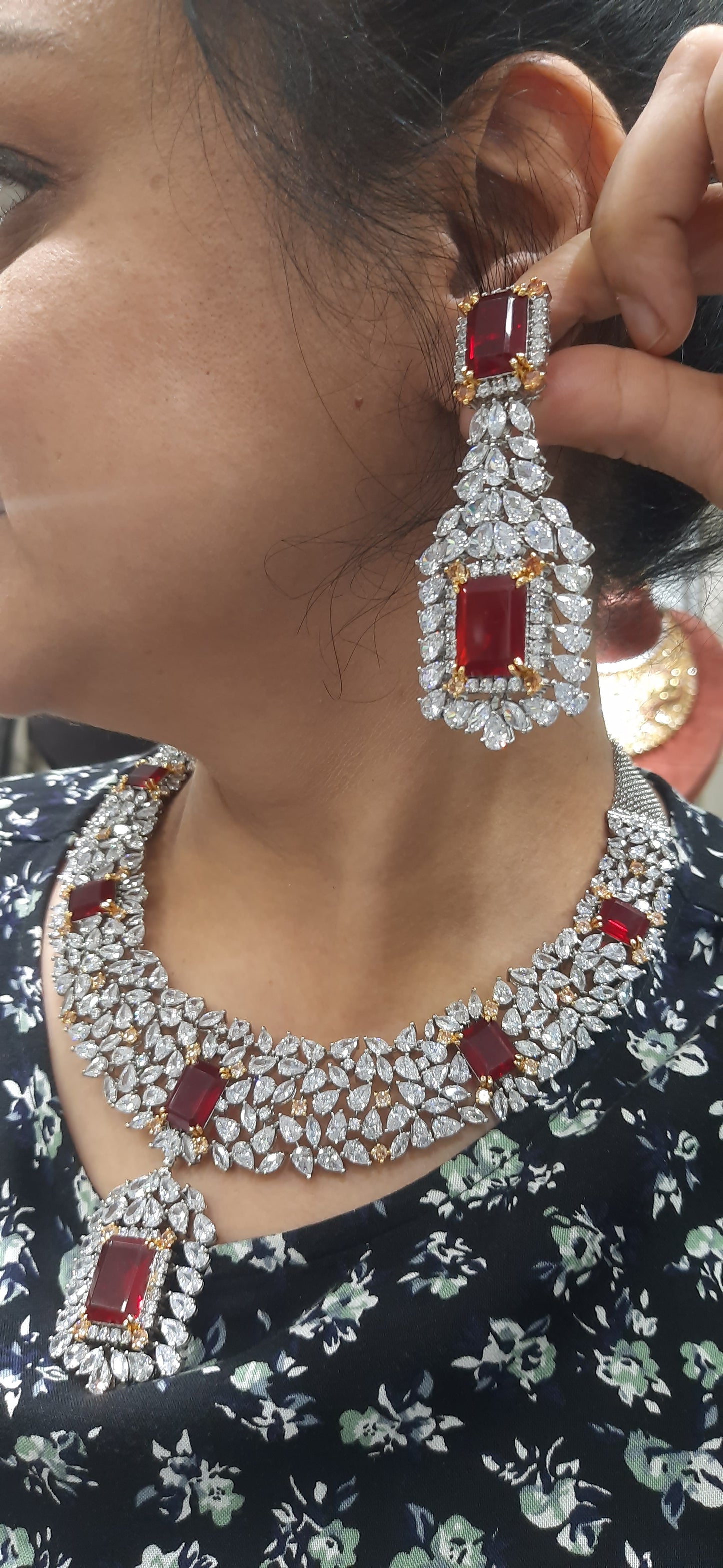 Jewelshingar Signity Diamond Ruby Colour Necklace Set In Fine Quality Jewellery ( 193428NAD)