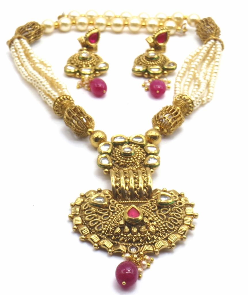 Jewelshingar Jewellery Antique Gold Plated Colour Ruby Pendant Set For Women ( 46406-ps )