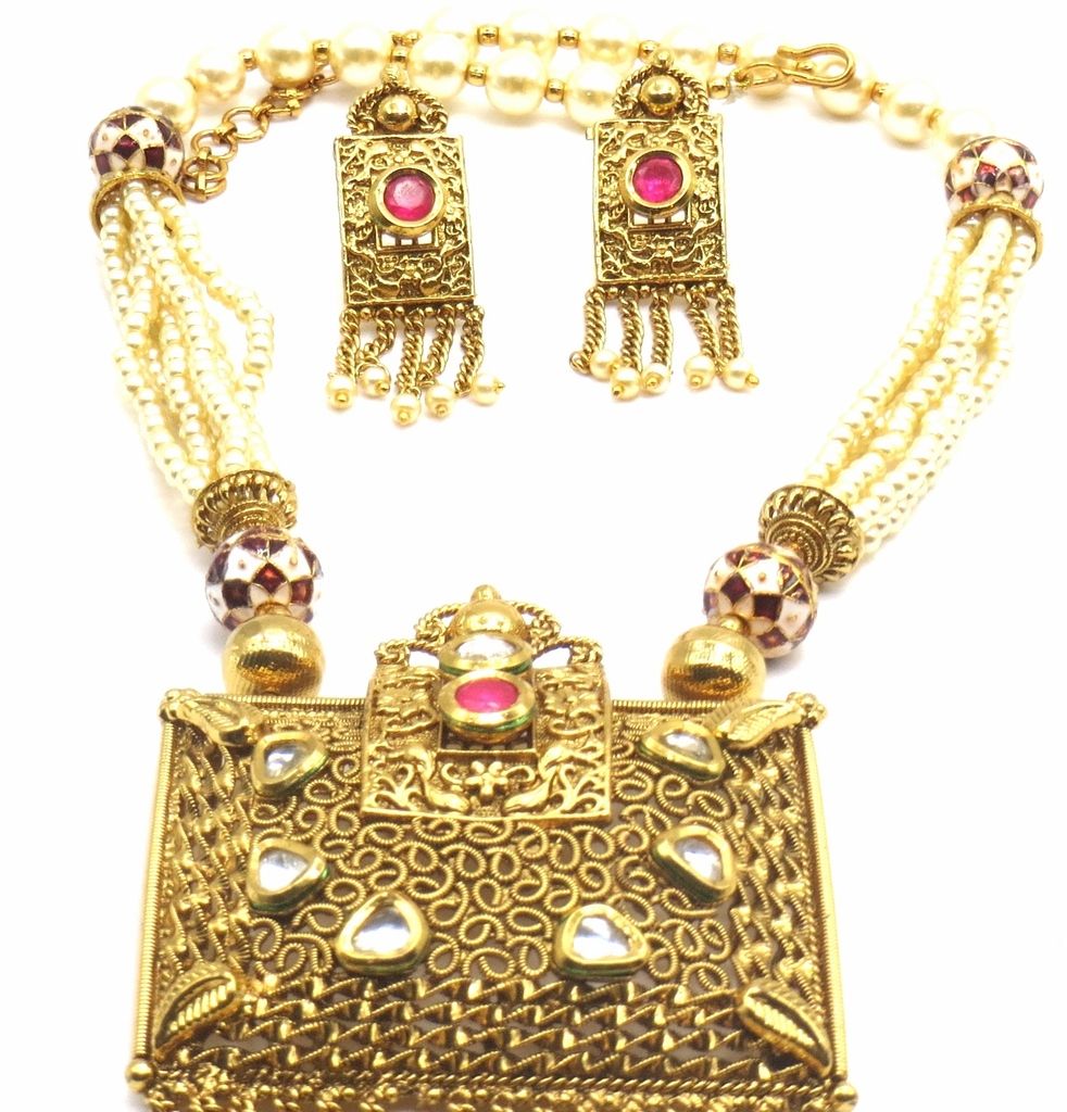 Jewelshingar Jewellery Antique Gold Plated Colour Ruby Pendant Set For Women ( 46410-ps )