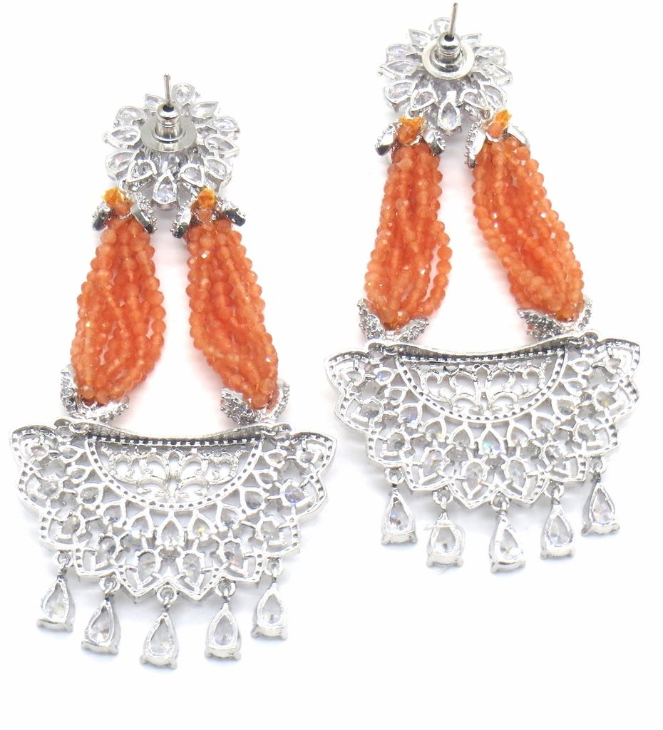 Jewelshingar Jewellery Silver Plating Orange Colour Earrings For Women ( 48526-ead )
