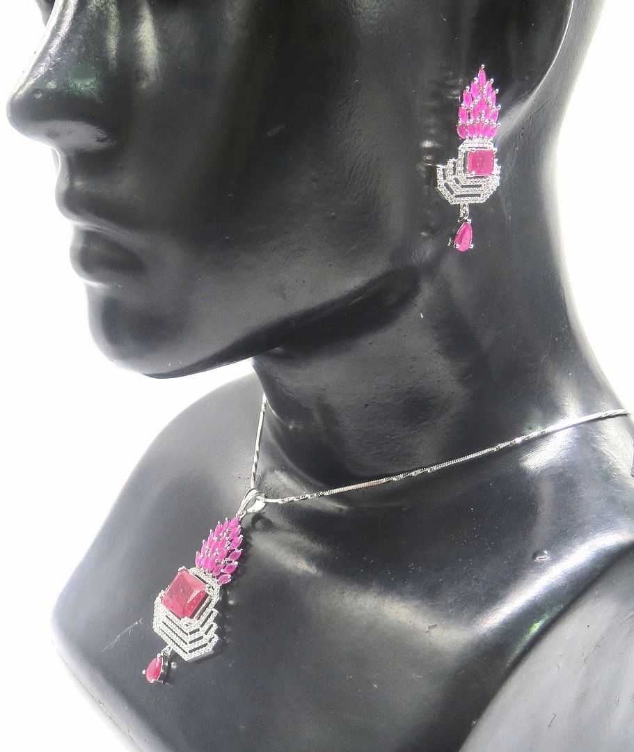 Jewelshingar Jewellery Rhodium Plated Colour Ruby Pendant Set For Women ( 49571-psad )
