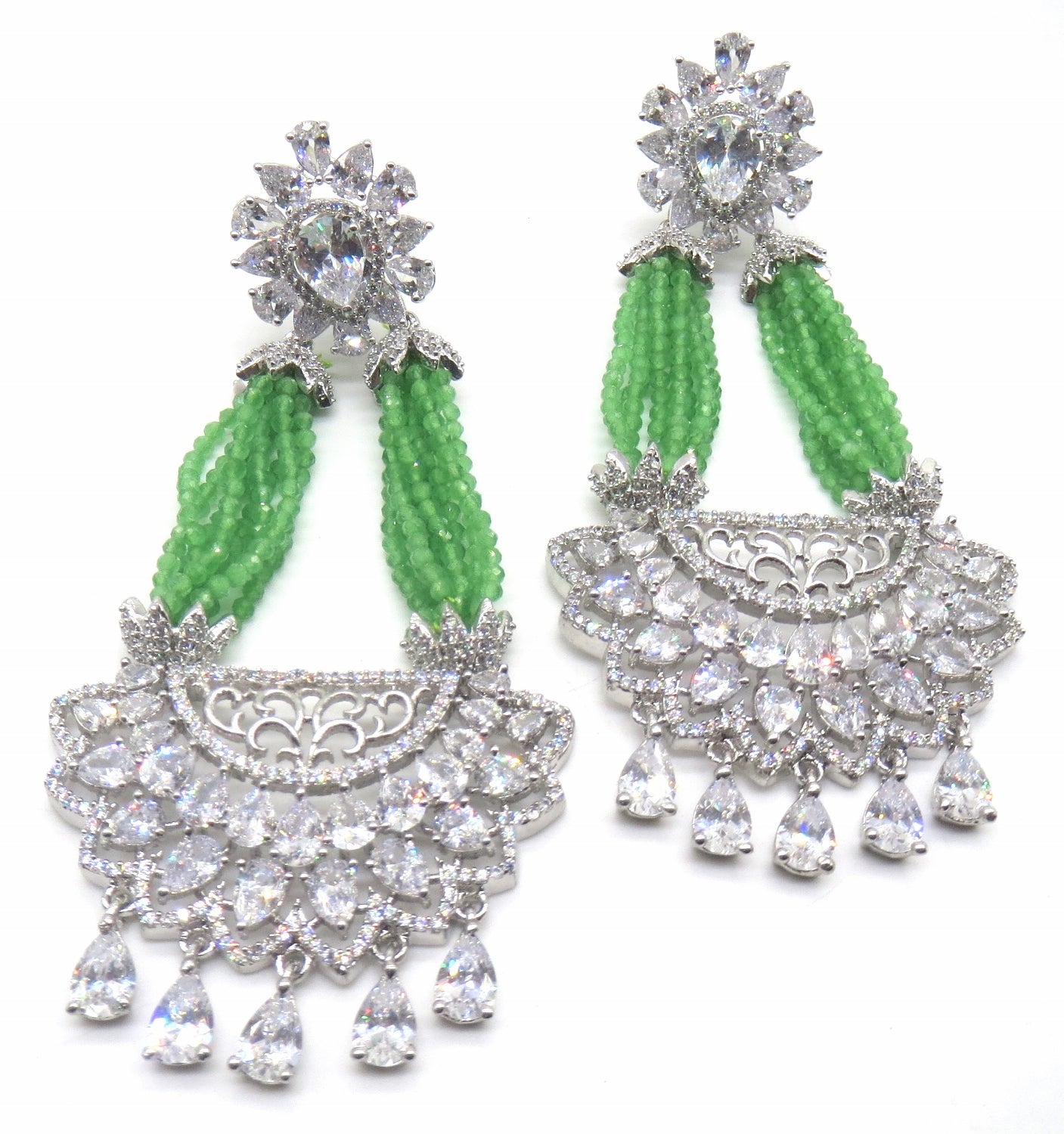 Jewelshingar Jewellery Rhodium Plating Green Colour Dangle & Drop Earrings For Women ( 50178-ead )
