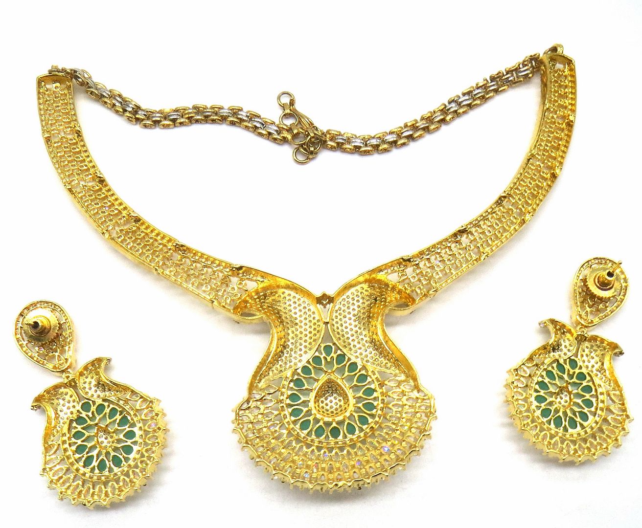Jewelshingar Jewellery Gold Plated Colour Green Necklace Set For Women ( 50954NAD )