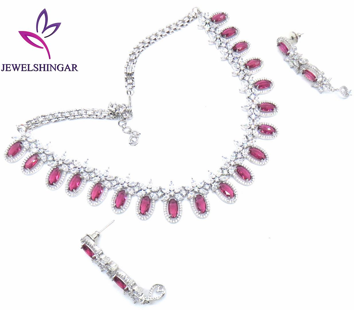 Jewelshingar Jewellery Rhodium Plated Colour Ruby Necklace Set For Women ( 50998NAD )