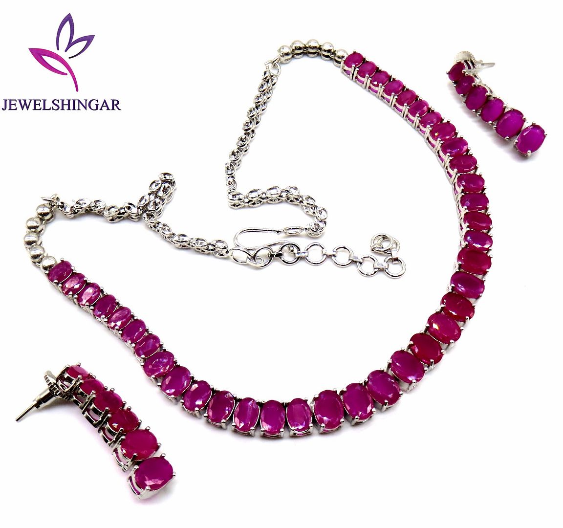 Jewelshingar Jewellery Rhodium Plated Colour Ruby Necklace Set For Women ( 51375NAD )