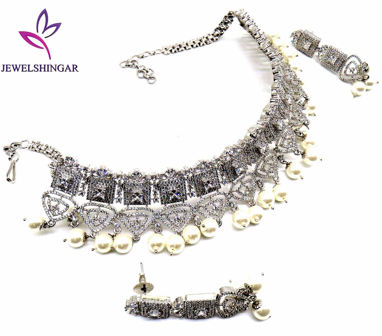 Jewelshingar Jewellery Rhodium Plated Colour Clear Necklace Set For Women ( 51391NAD )