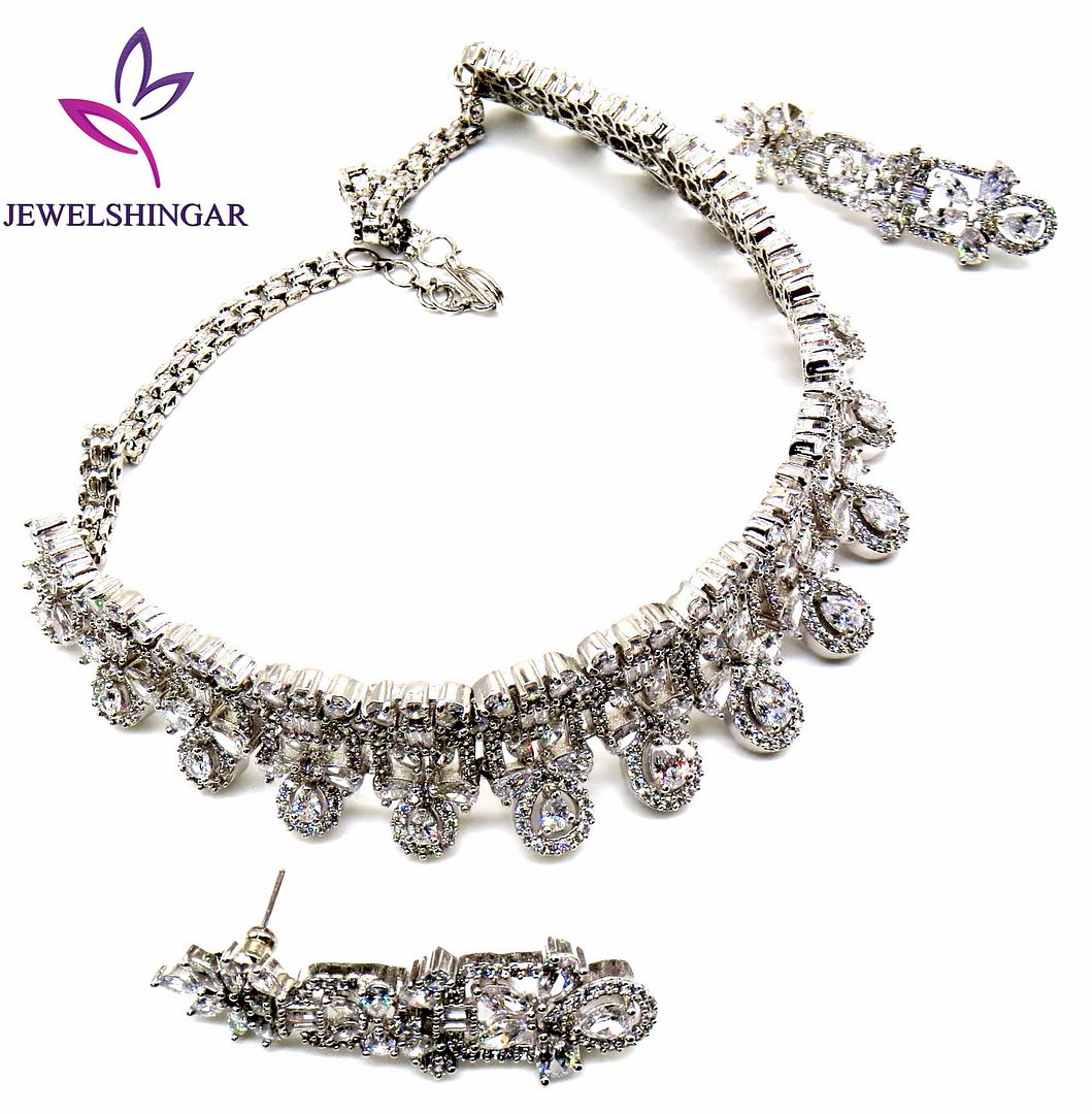 Jewelshingar Jewellery Rhodium Plated Colour Clear Necklace Set For Women ( 51395NAD )