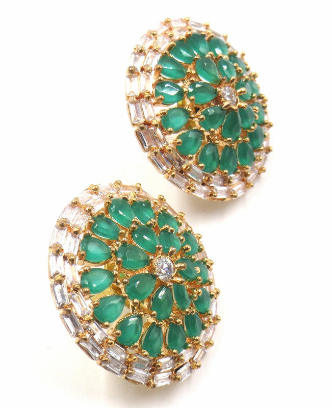 Jewelshingar Jewellery American Diamond Gold Plated Green Colour Stud Earrings For Women ( 52507GJT )