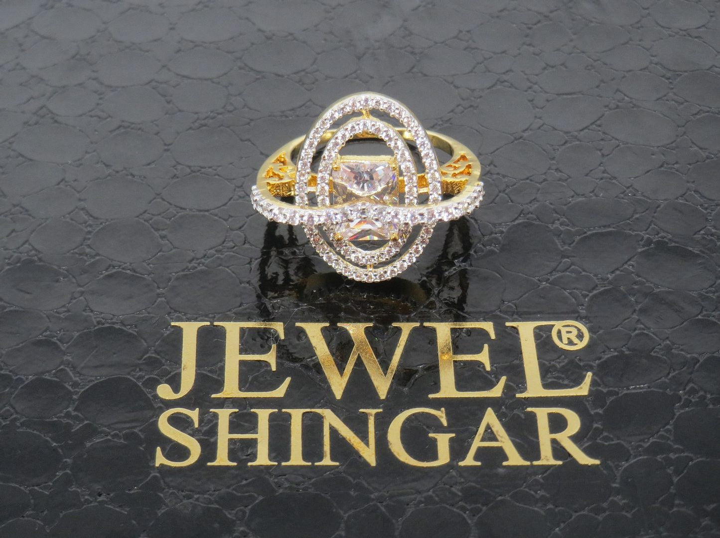 Jewelshingar Jewellery American Diamond Clear Colour Size 19 Gold Plated  Ring For Girls ( 58716RIN )