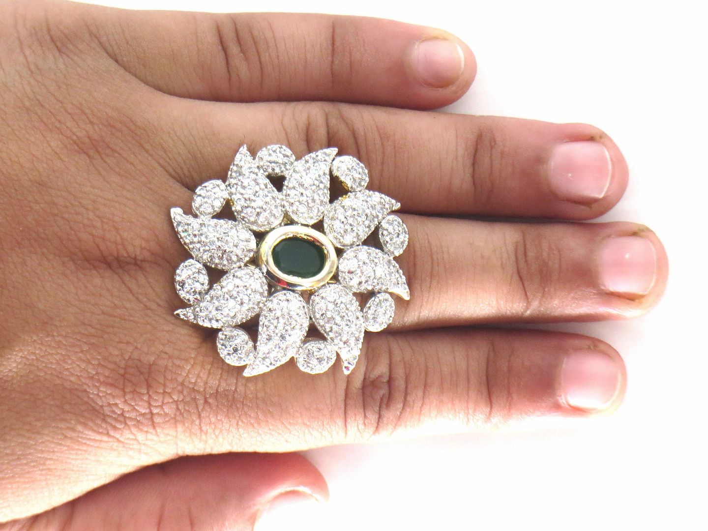 Jewelshingar Jewellery American Diamond Green Colour Size 9 Gold Plated  Ring For Girls ( 59091RIN )