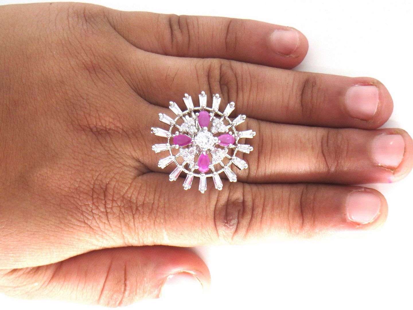 Jewelshingar Jewellery American Diamond Pink Colour Size Freesize Silver Plated  Ring For Girls ( 59648FSR )