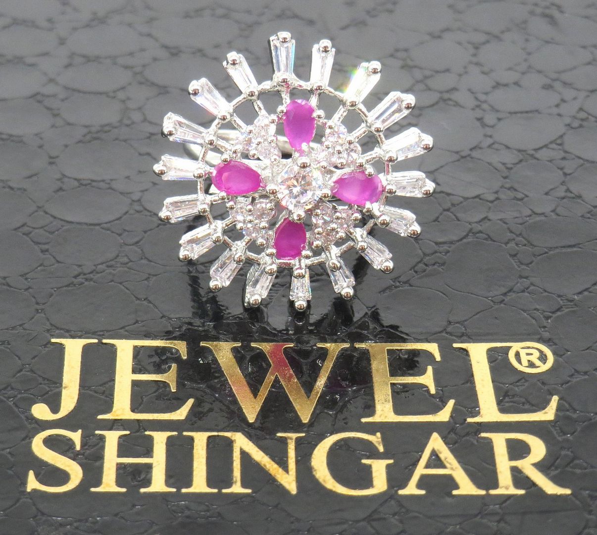 Jewelshingar Jewellery American Diamond Pink Colour Size Freesize Silver Plated  Ring For Girls ( 59648FSR )