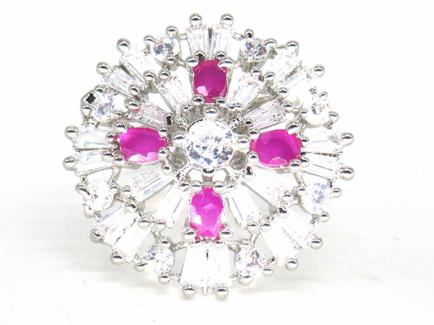 Jewelshingar Jewellery American Diamond Pink Colour Size Freesize Silver Plated  Ring For Girls ( 59682FSR )