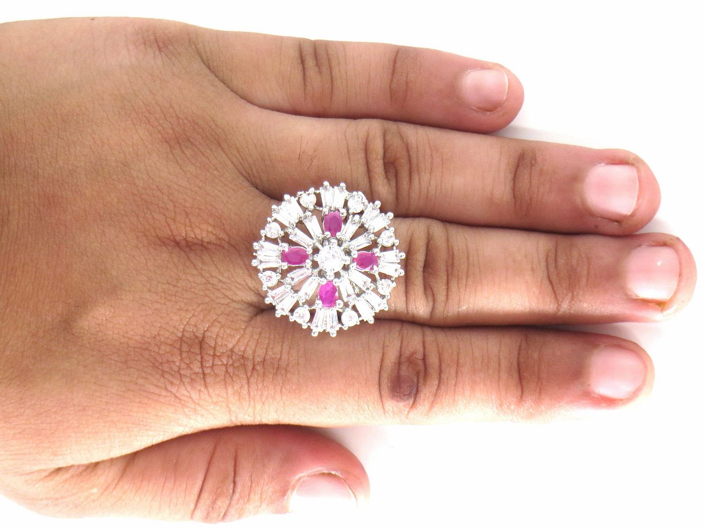 Jewelshingar Jewellery American Diamond Pink Colour Size Freesize Silver Plated  Ring For Girls ( 59682FSR )