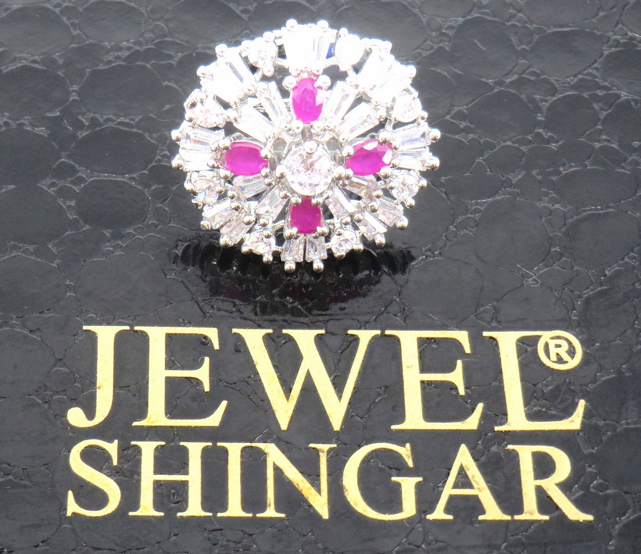 Jewelshingar Jewellery American Diamond Pink Colour Size Freesize Silver Plated  Ring For Girls ( 59682FSR )