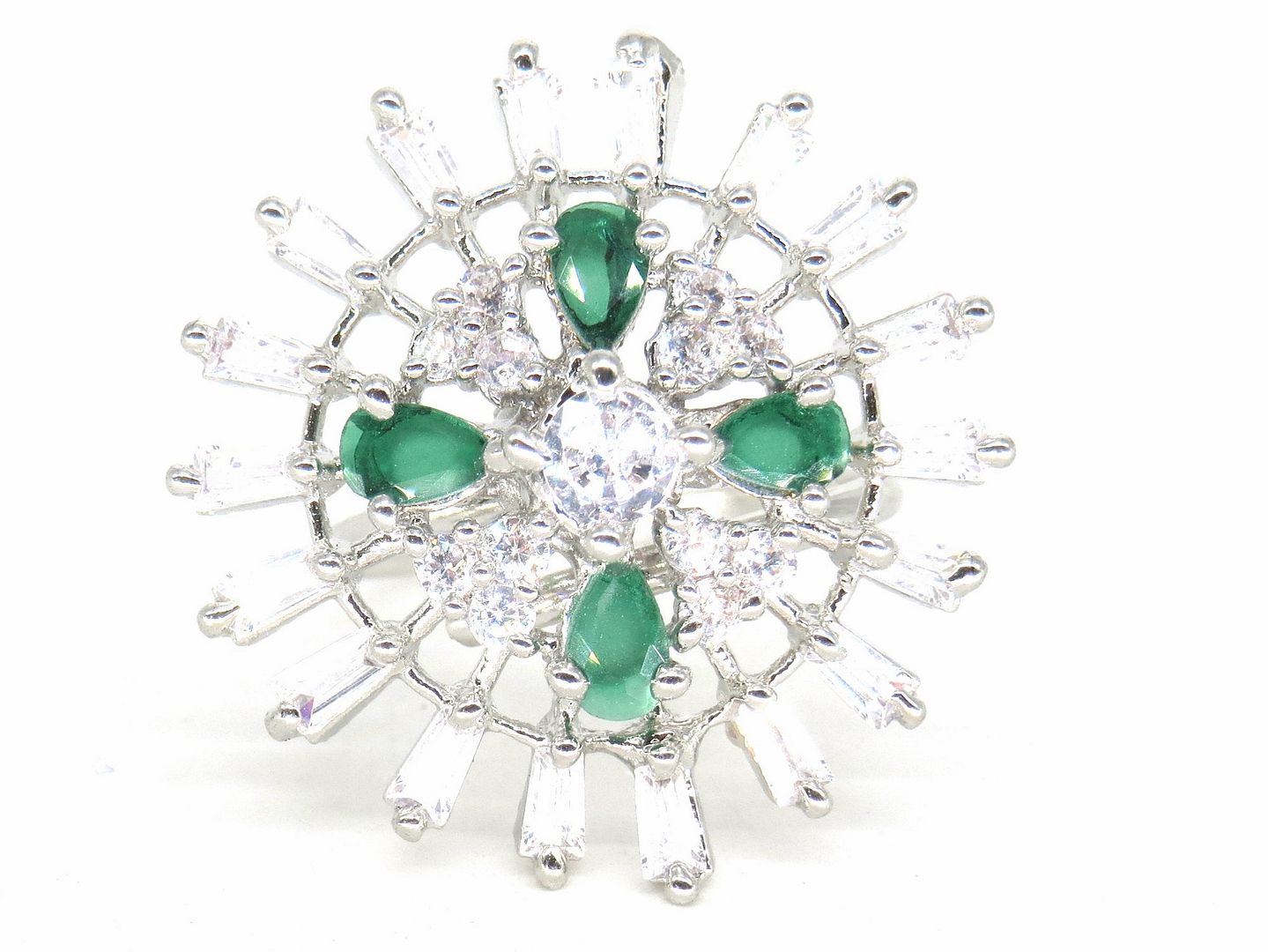 Jewelshingar Jewellery American Diamond Green Colour Size Freesize Silver Plated  Ring For Girls ( 59687FSR )