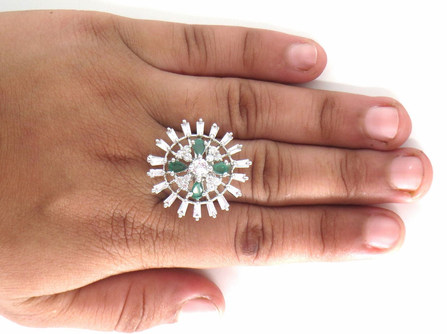 Jewelshingar Jewellery American Diamond Green Colour Size Freesize Silver Plated  Ring For Girls ( 59687FSR )