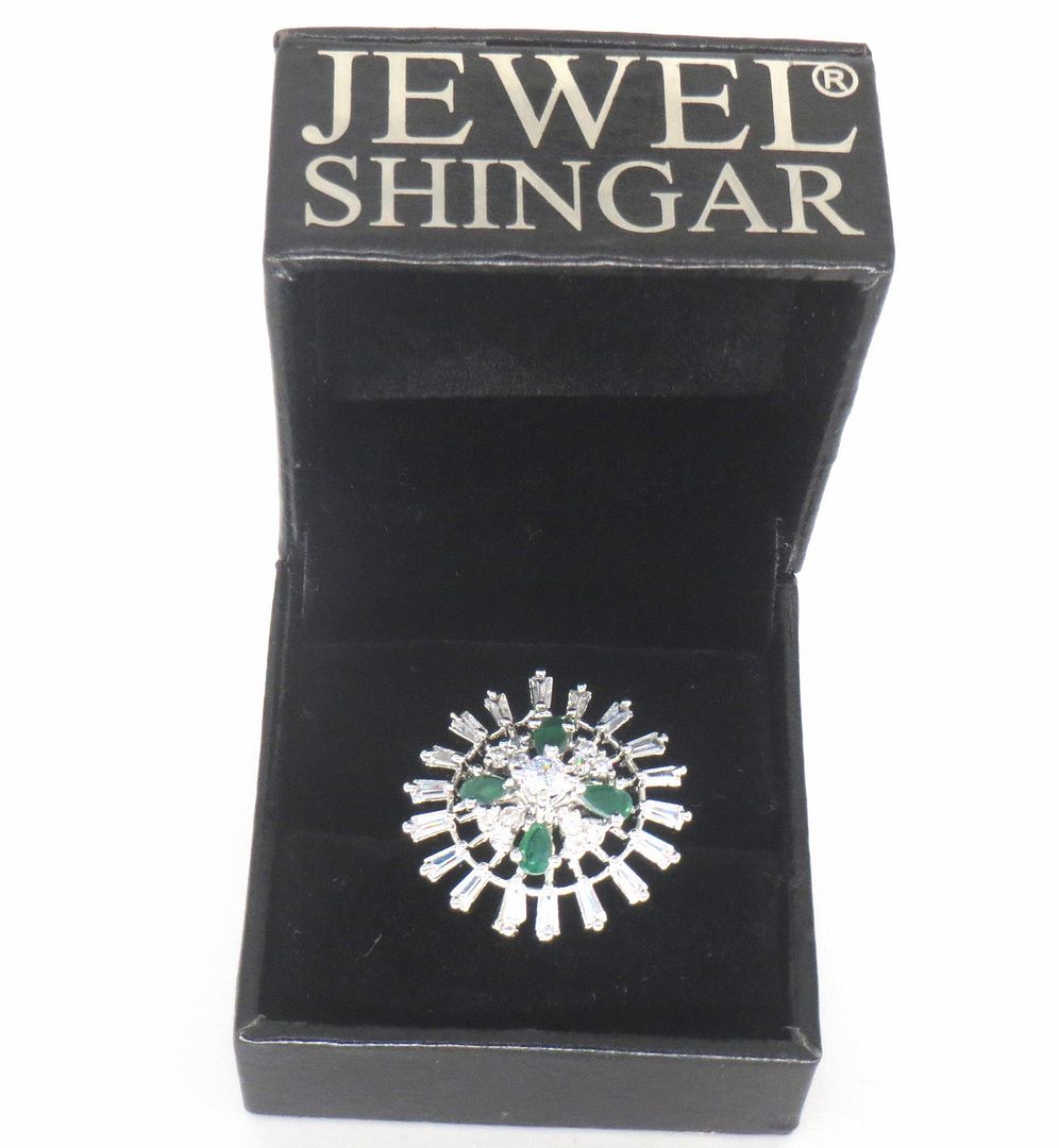 Jewelshingar Jewellery American Diamond Green Colour Size Freesize Silver Plated  Ring For Girls ( 59687FSR )