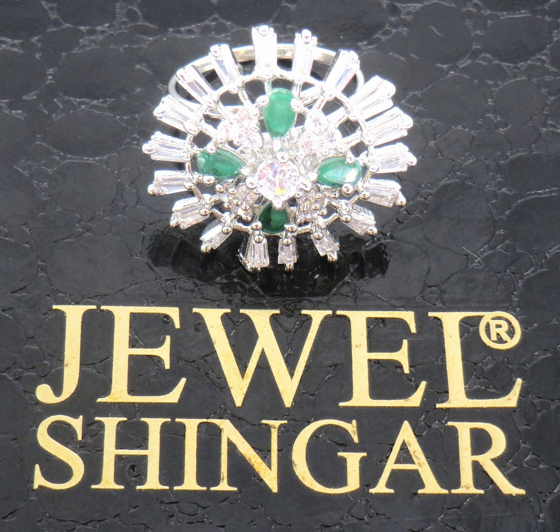 Jewelshingar Jewellery American Diamond Green Colour Size Freesize Silver Plated  Ring For Girls ( 59687FSR )