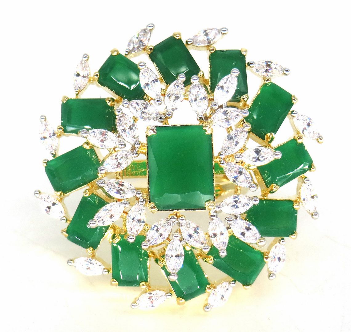 Jewelshingar Jewellery American Diamond Green Colour Size Freesize Gold Plated  Ring For Girls ( 59757FSR )