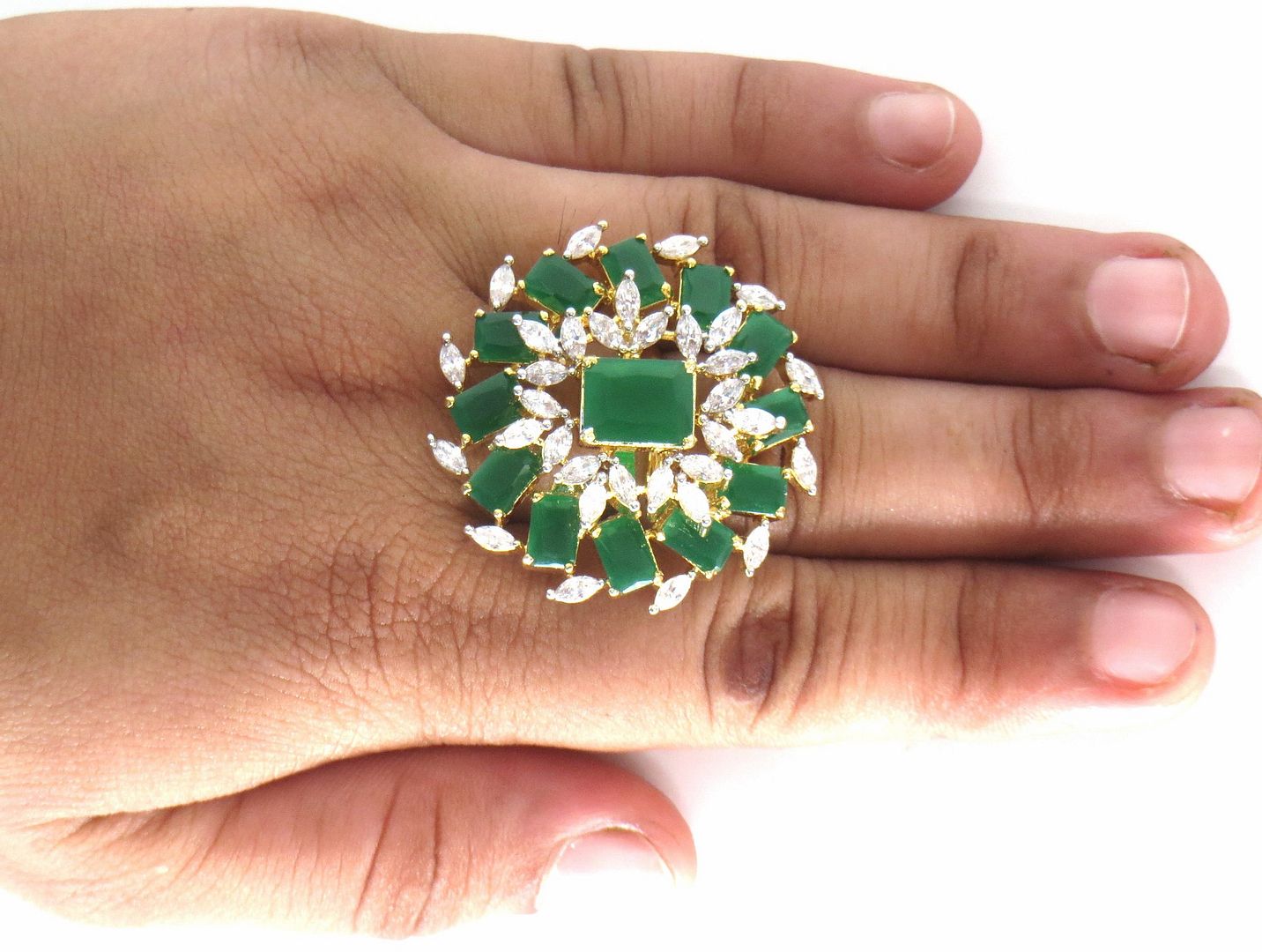 Jewelshingar Jewellery American Diamond Green Colour Size Freesize Gold Plated  Ring For Girls ( 59757FSR )
