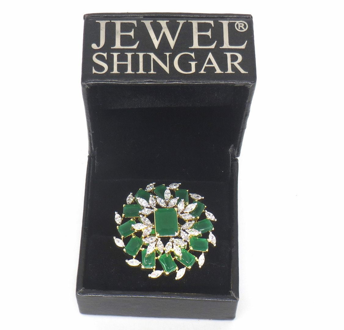 Jewelshingar Jewellery American Diamond Green Colour Size Freesize Gold Plated  Ring For Girls ( 59757FSR )