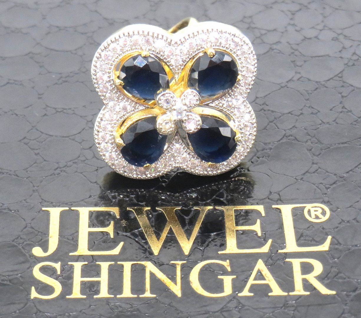 Jewelshingar Jewellery American Diamond Blue Colour Size Freesize Gold Plated  Ring For Girls ( 59768FSR )