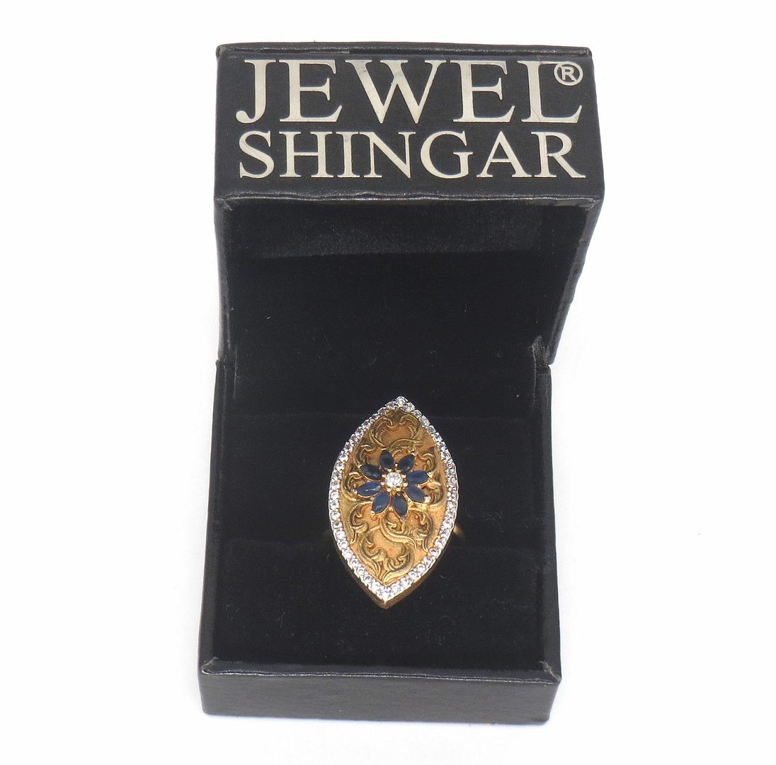 Jewelshingar Jewellery American Diamond Blue Colour Size Freesize Gold Plated  Ring For Girls ( 59774FSR )