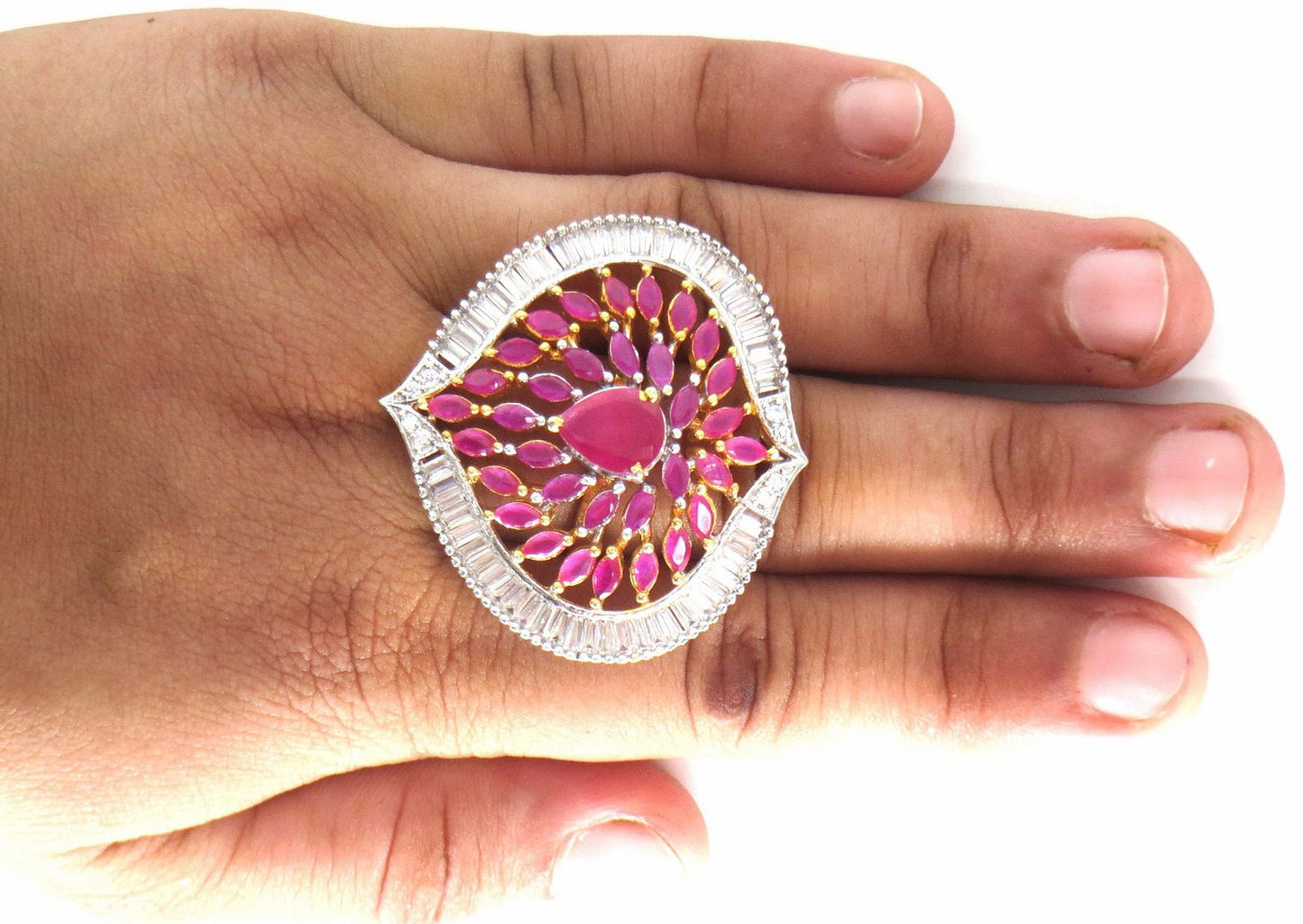 Jewelshingar Jewellery American Diamond Pink Colour Size Freesize Gold Plated  Ring For Girls ( 59793FSR )