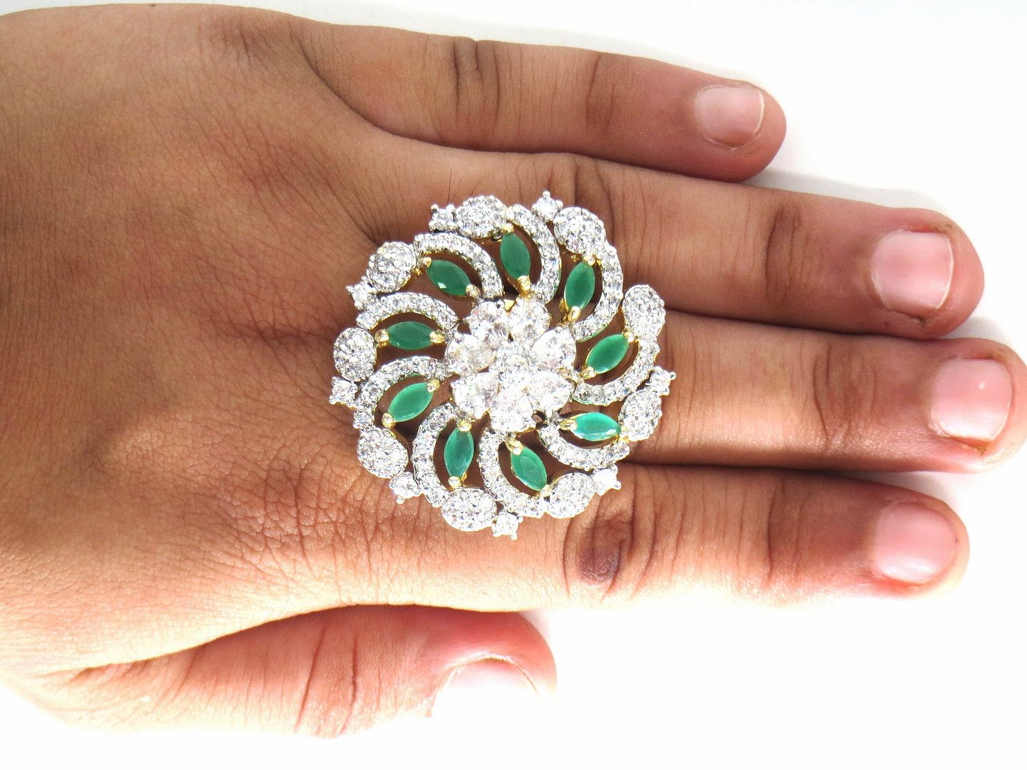 Jewelshingar Jewellery American Diamond Green Colour Size Freesize Gold Plated  Ring For Girls ( 59817FSR )