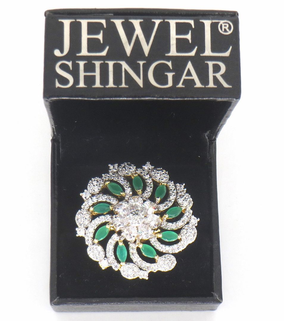 Jewelshingar Jewellery American Diamond Green Colour Size Freesize Gold Plated  Ring For Girls ( 59817FSR )