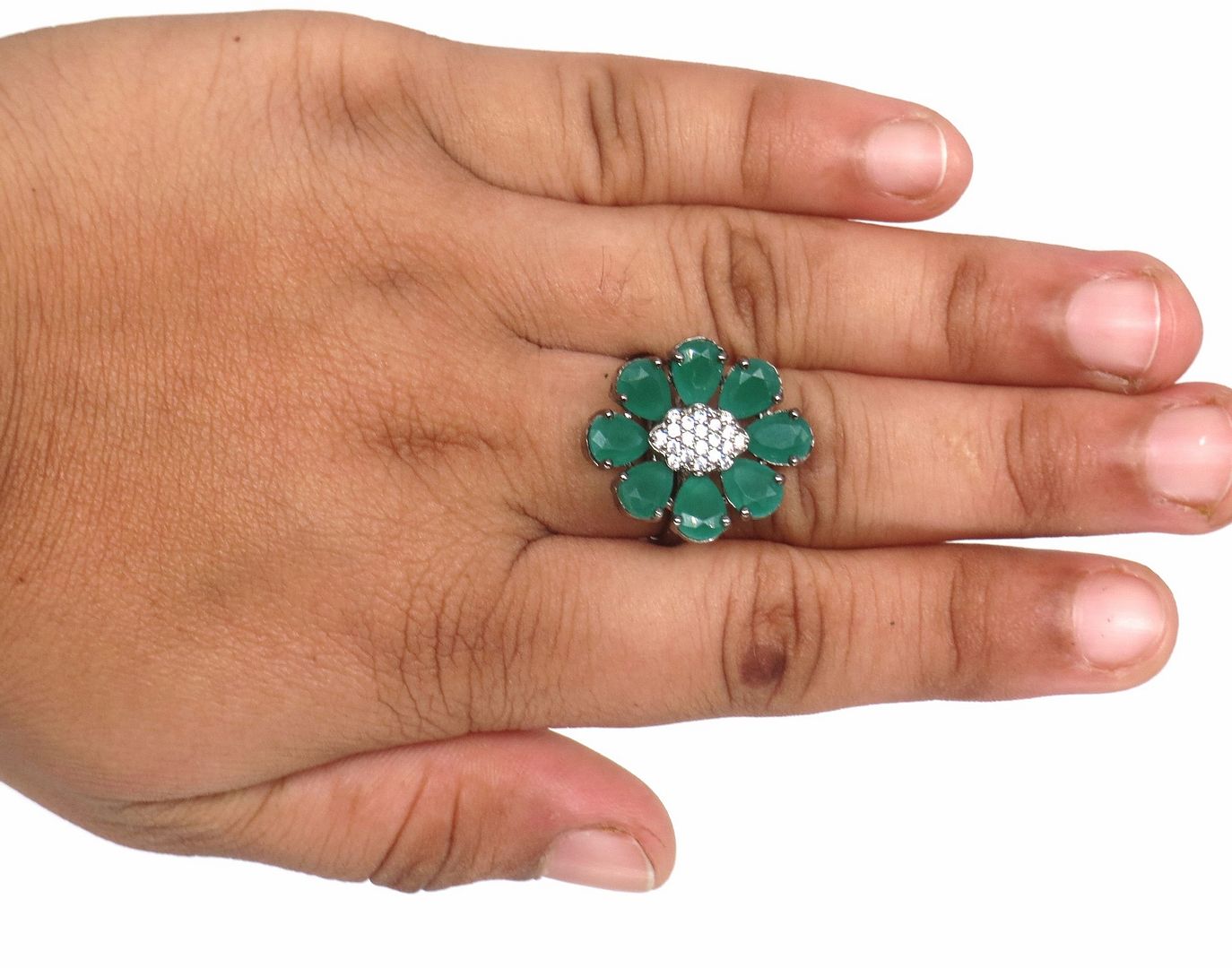 Jewelshingar Jewellery American Diamond Green Colour Size Freesize Antiqu Plated  Ring For Girls ( 59898FSR )