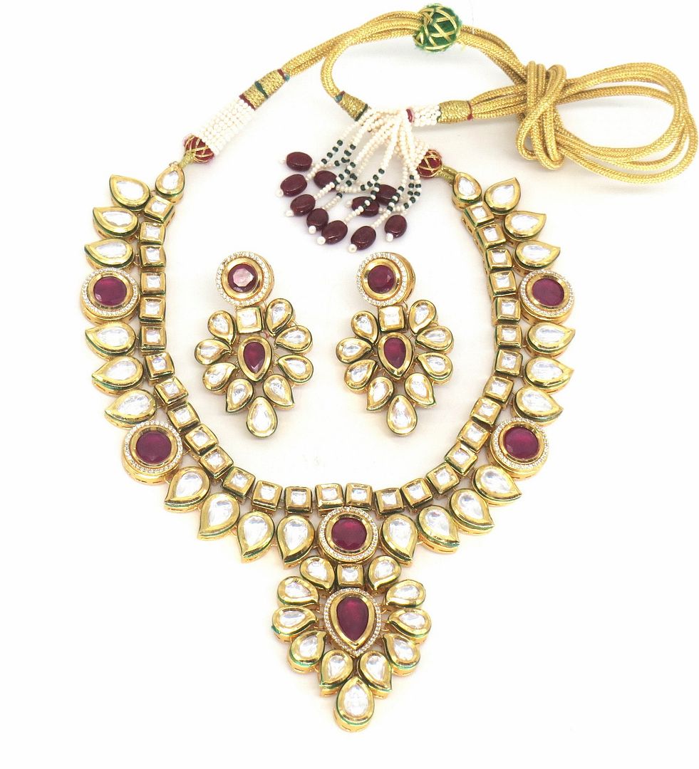 Jewelshingar Jewellery Gold Plated Diamond Colour Pink Polki Kundan Pendant Set For Women ( 60128ACS )