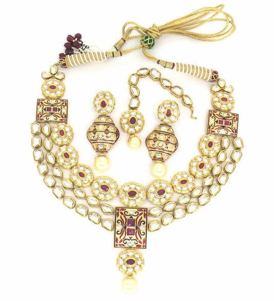 Jewelshingar Jewellery Gold Plated Diamond Colour Pink Polki Kundan Pendant Set For Women ( 60157ACS )