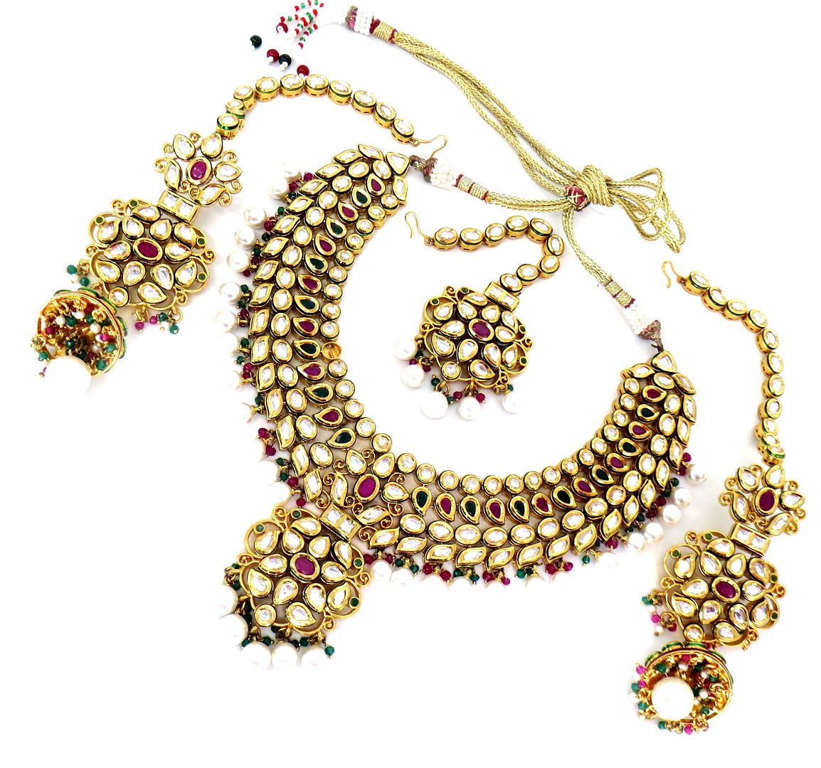 Jewelshingar Jewellery Gold Plated Diamond Colour Multi Polki Kundan Necklace For Women ( 60244NEM )