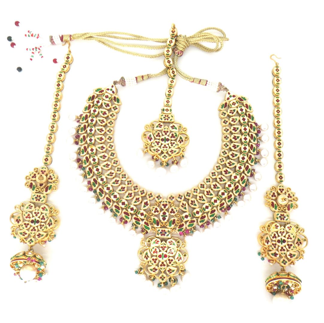 Jewelshingar Jewellery Gold Plated Diamond Colour Multi Polki Kundan Necklace For Women ( 60244NEM )