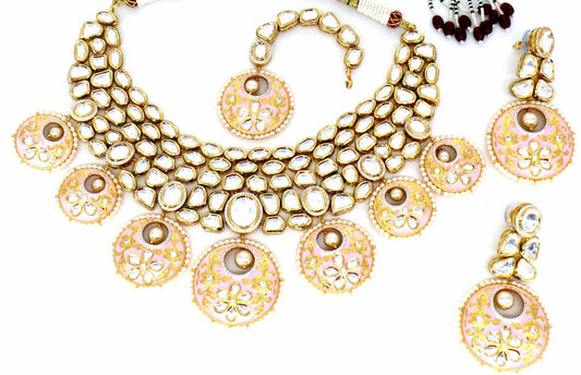 Jewelshingar Jewellery Fine Antique Polki Kundan Gold Plated Pink Colour Necklace For Women ( 60269ACS )