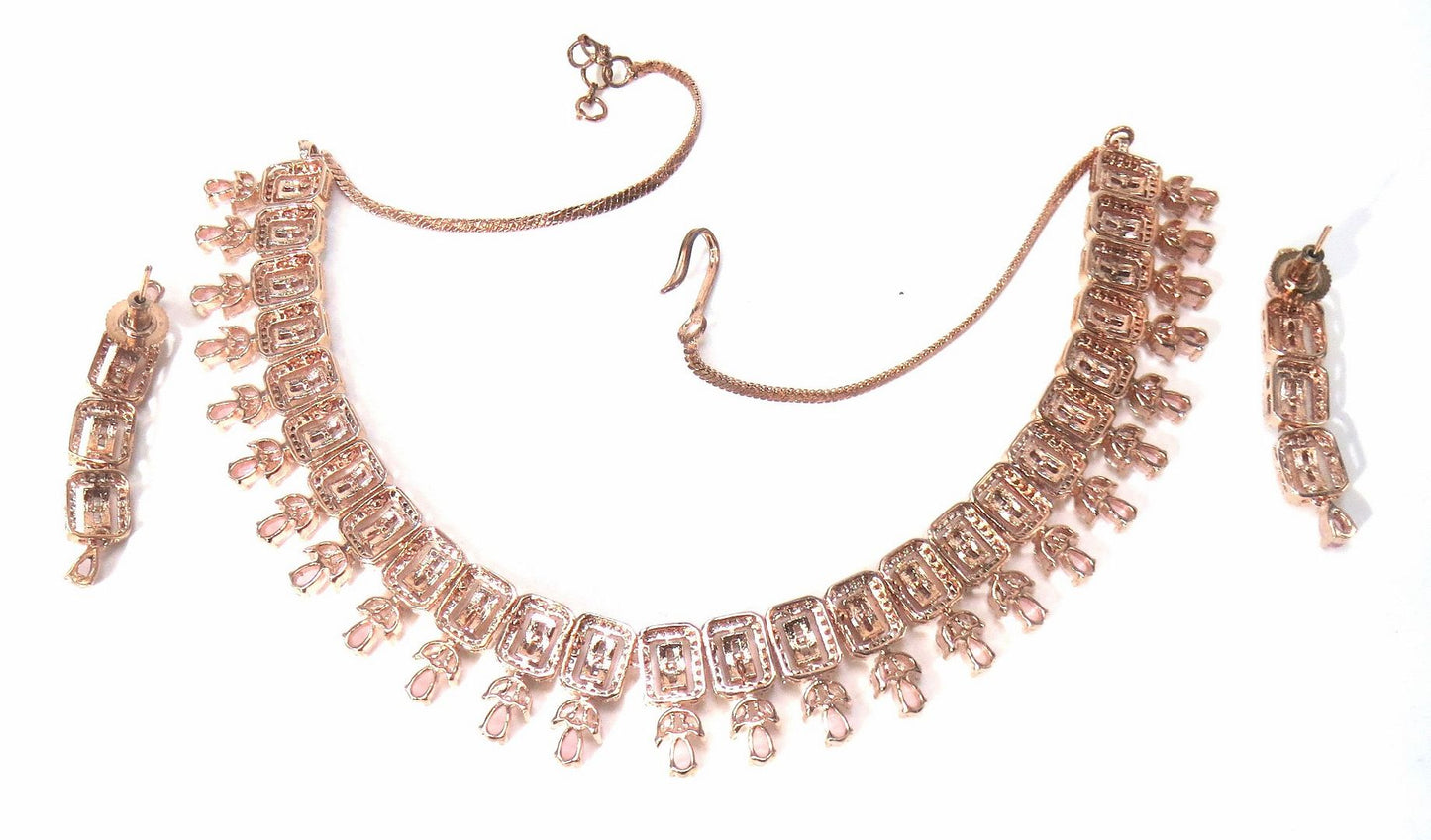 Jewelshingar Jewellery Fine American Diamond Gold Plated Pink Colour Necklace For Women ( 60796NAD )