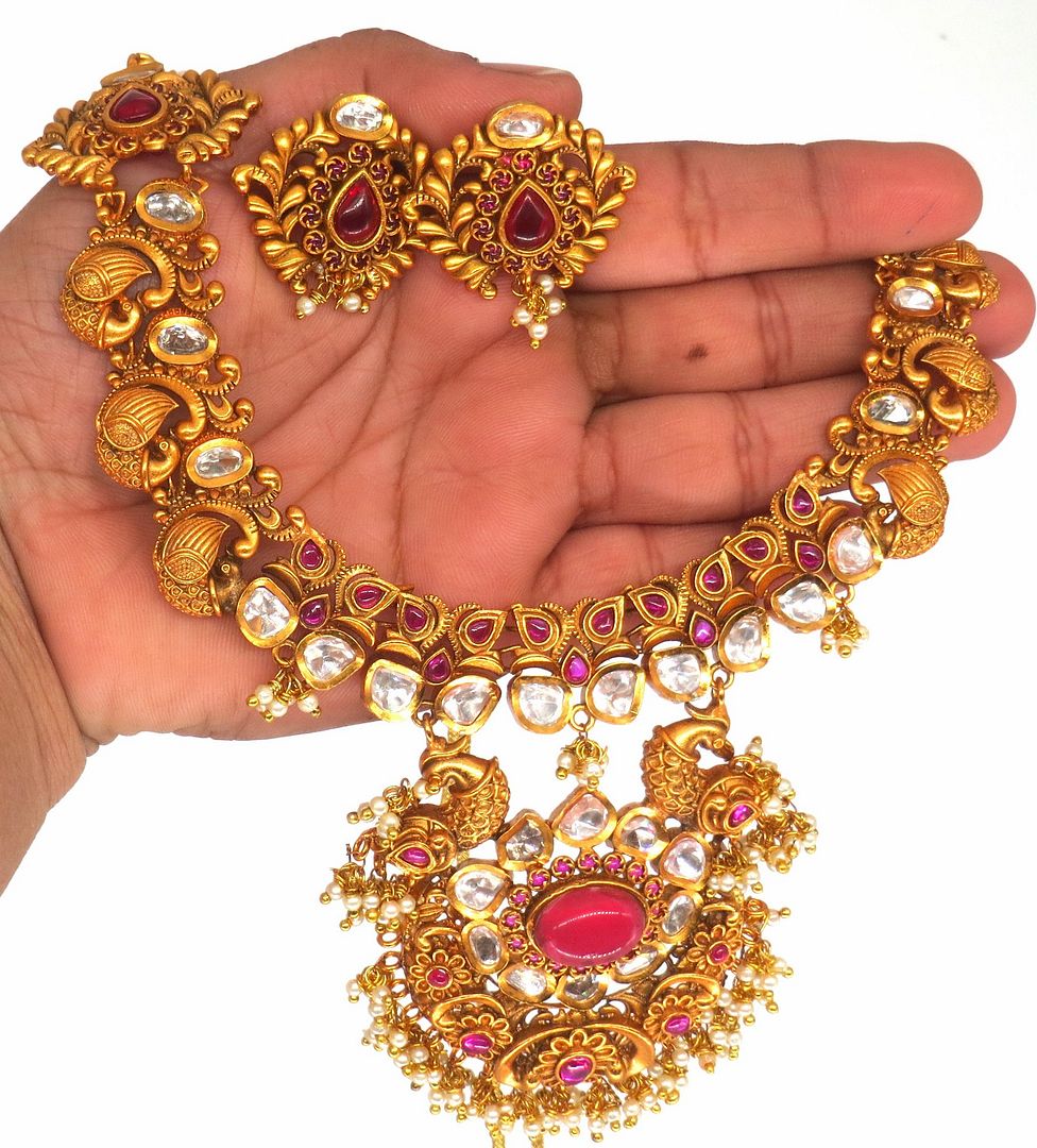Jewelshingar Jewellery Fine Antique Polki Kundan Gold Plated Pink Colour Necklace For Women ( 61277AST )