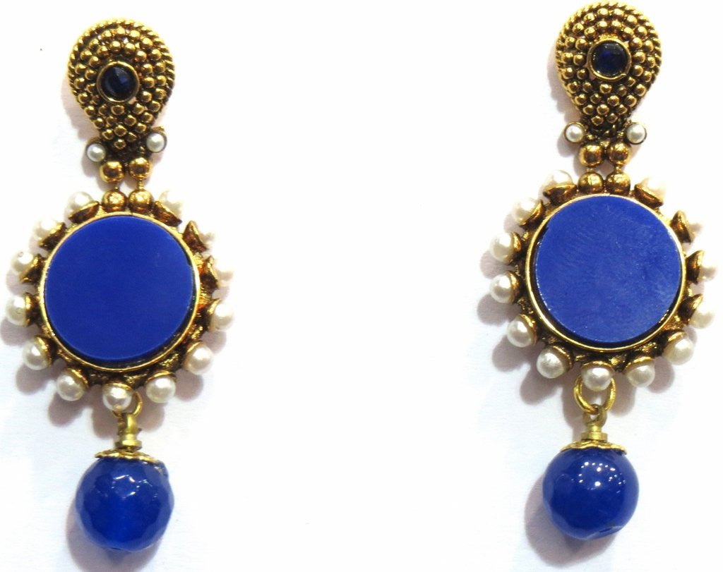Jewelshingar Women's Antique Gold Plated Polki Earrings Danglers In Blue Colour Stone Jewellery ( 7332-pe-blue-399-a ) - JEWELSHINGAR