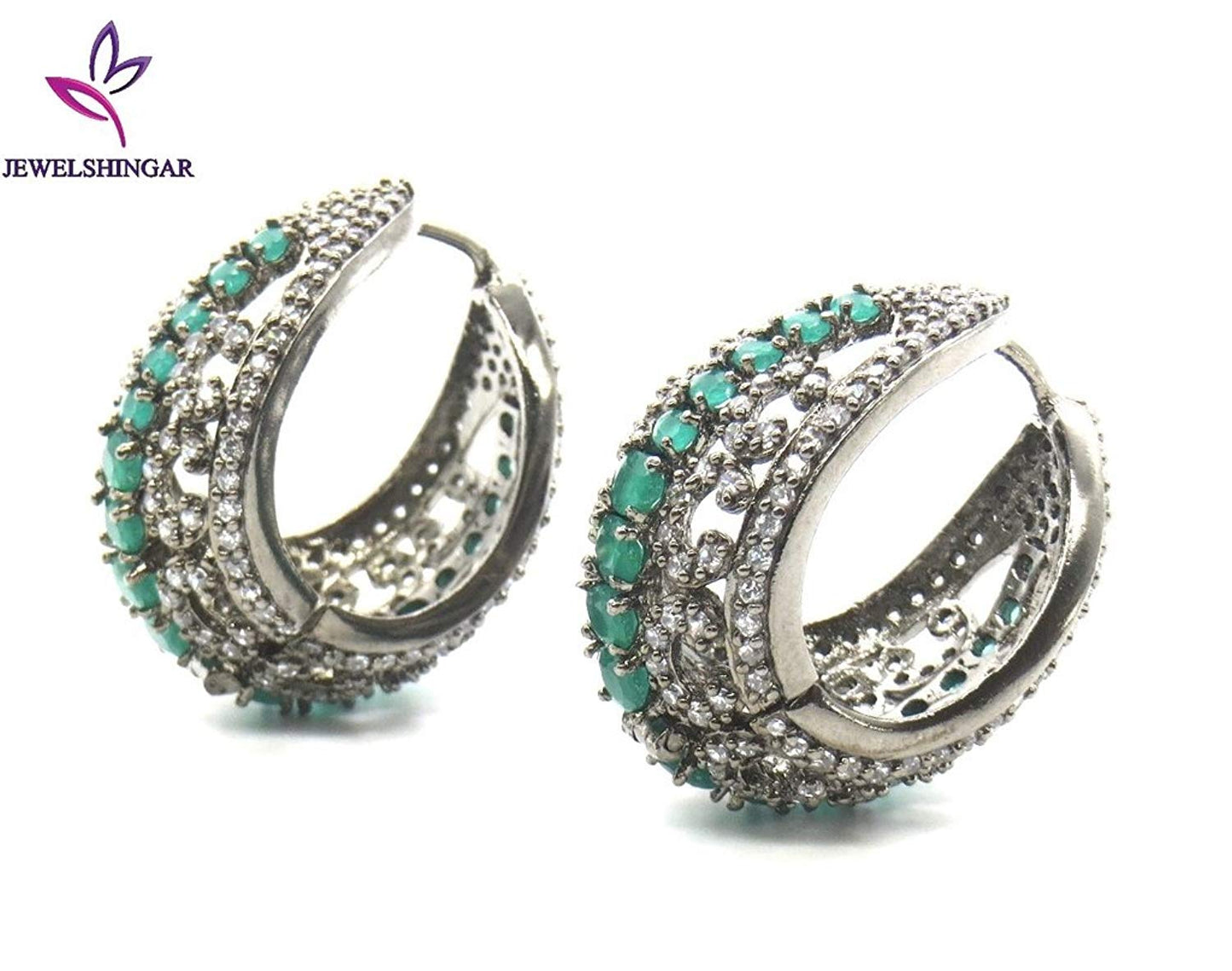 Jewelshingar Jewellery Diamond Look Victorian Plated Green Colour Earrings For Women (44139-ead-green-bali)
