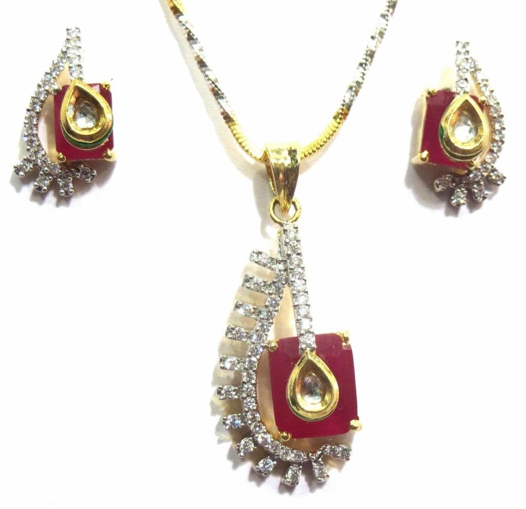 Jewelshingar Women's American Diamonds Onyx A.D. Ruby Pendant Set Gold Silver Jewellery ( 8277-psad-1499-a-1 ) - JEWELSHINGAR