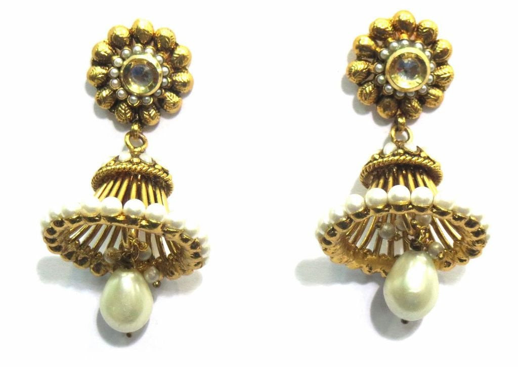 Jewelshingar Women's Antique Gold Plated Polki Kundan Moti Earrings Danglers Jhumki Jewellery ( 7241-pj ) - JEWELSHINGAR