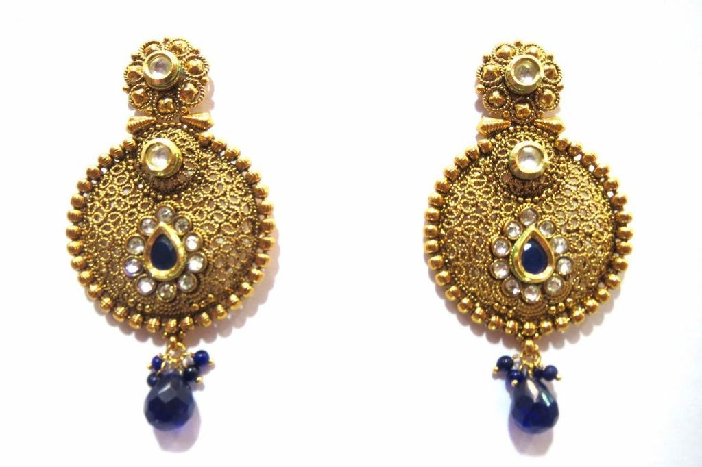 Jewelshingar Women's Antique Gold Plated Polki Kundan Moti Blue Colour Earrings Danglers Jhumki Jewellery ( 5148-pe-blue ) - JEWELSHINGAR