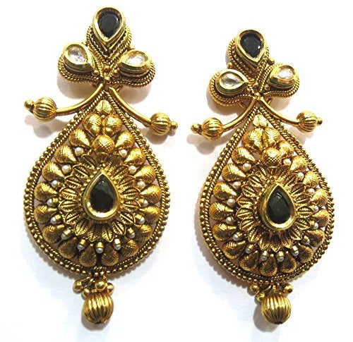 Jewelshingar Women's Antique Gold Plated Polki Kundan Black Colour Earrings Danglers Jhumki Jewellery ( 6703-pe-black ) - JEWELSHINGAR